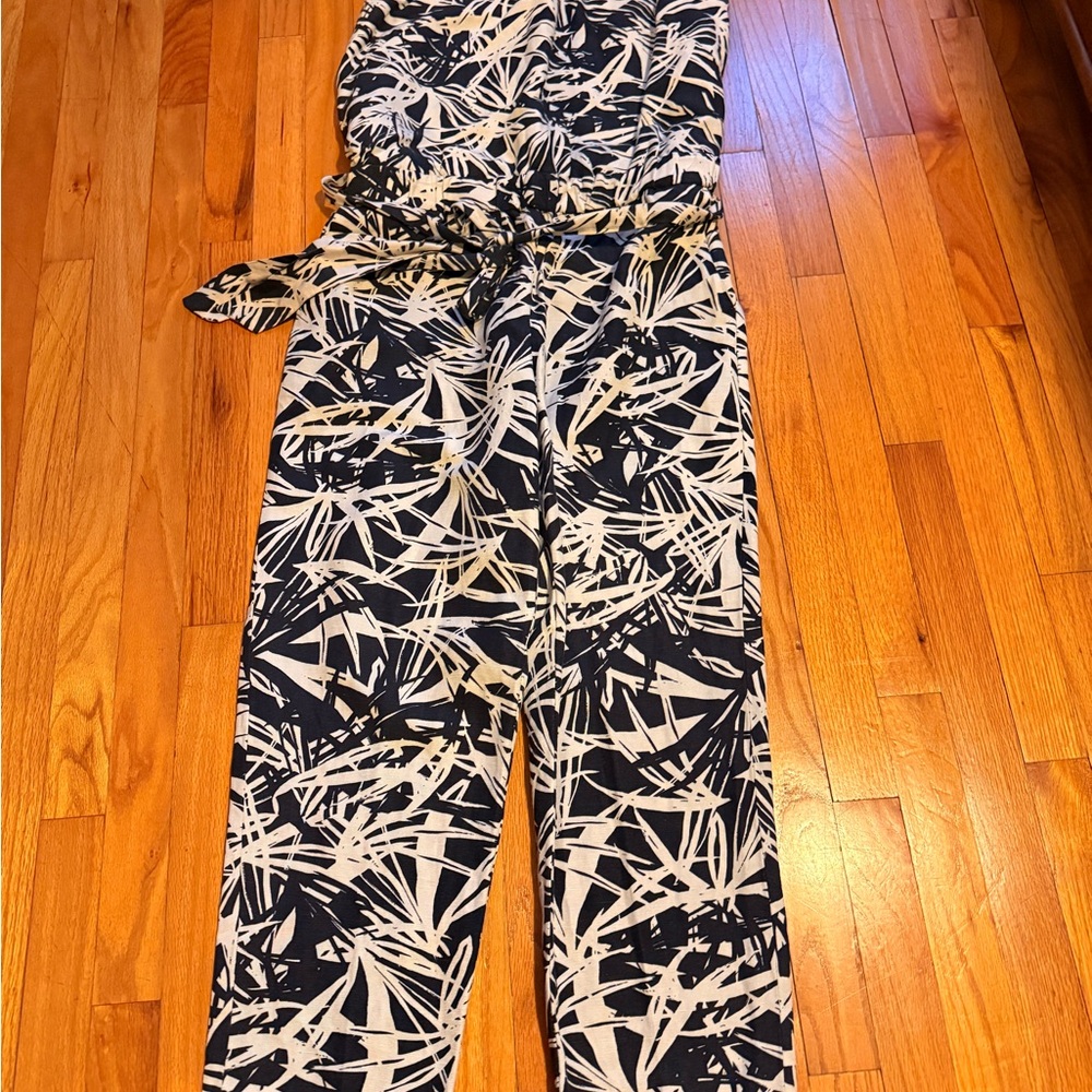 LOFT Navy and White Strapless Printed Jumpsuit